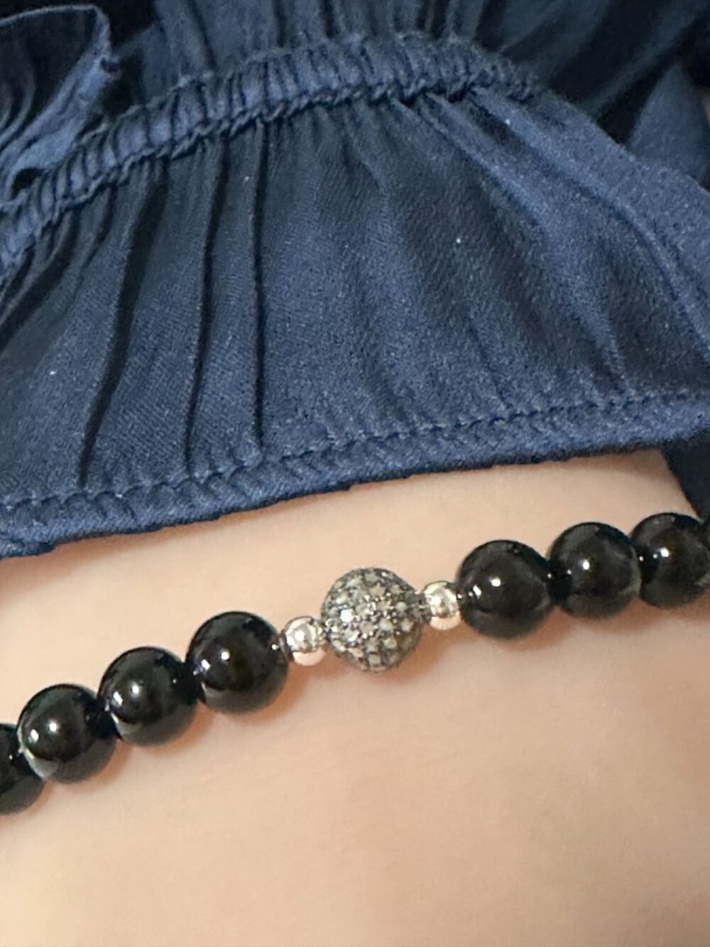 Black Onyx Gemstone Stretch Bracelet with Pave Diamond Bead Oxidized - Picture 7 of 10